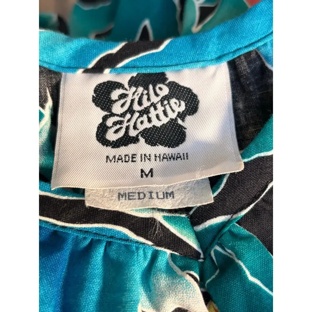 Hilo Hattie Hawaiian Dress Teal Tropical Leaf Cotton Ruffle Off Shoulder Muumuu - Picture 8 of 12